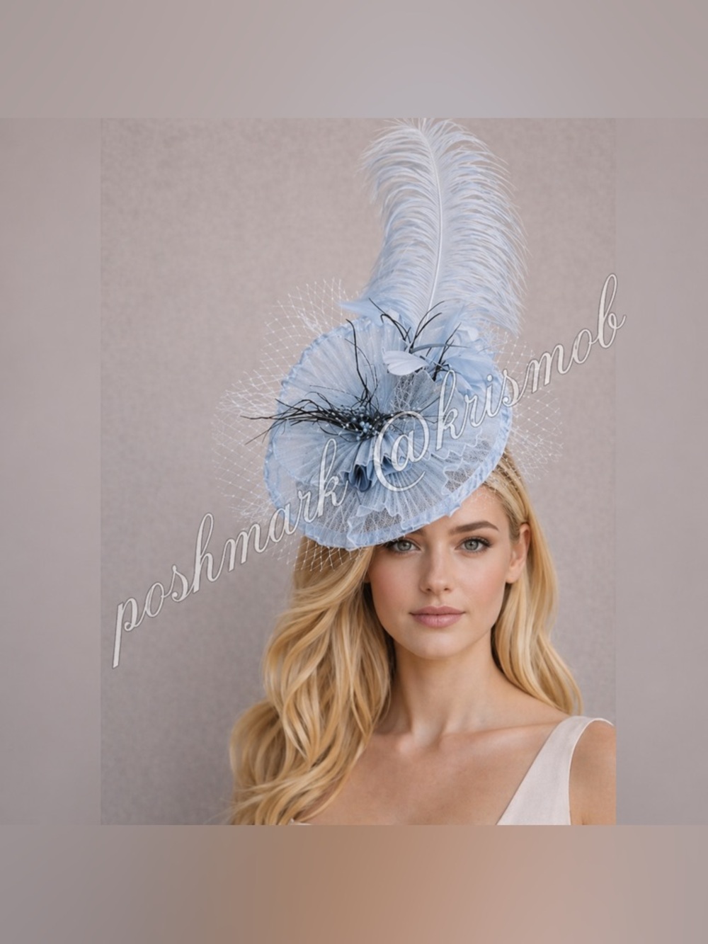 Kentucky Derby Hat Elegant Light Blue Fascinator Floral Feather Accent Tea Party